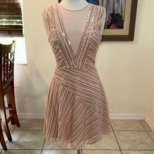 BCBGMaxAzria Elegant Pink/Gold Sequin Dress w/Polka Dot Sheer Panel Size 2